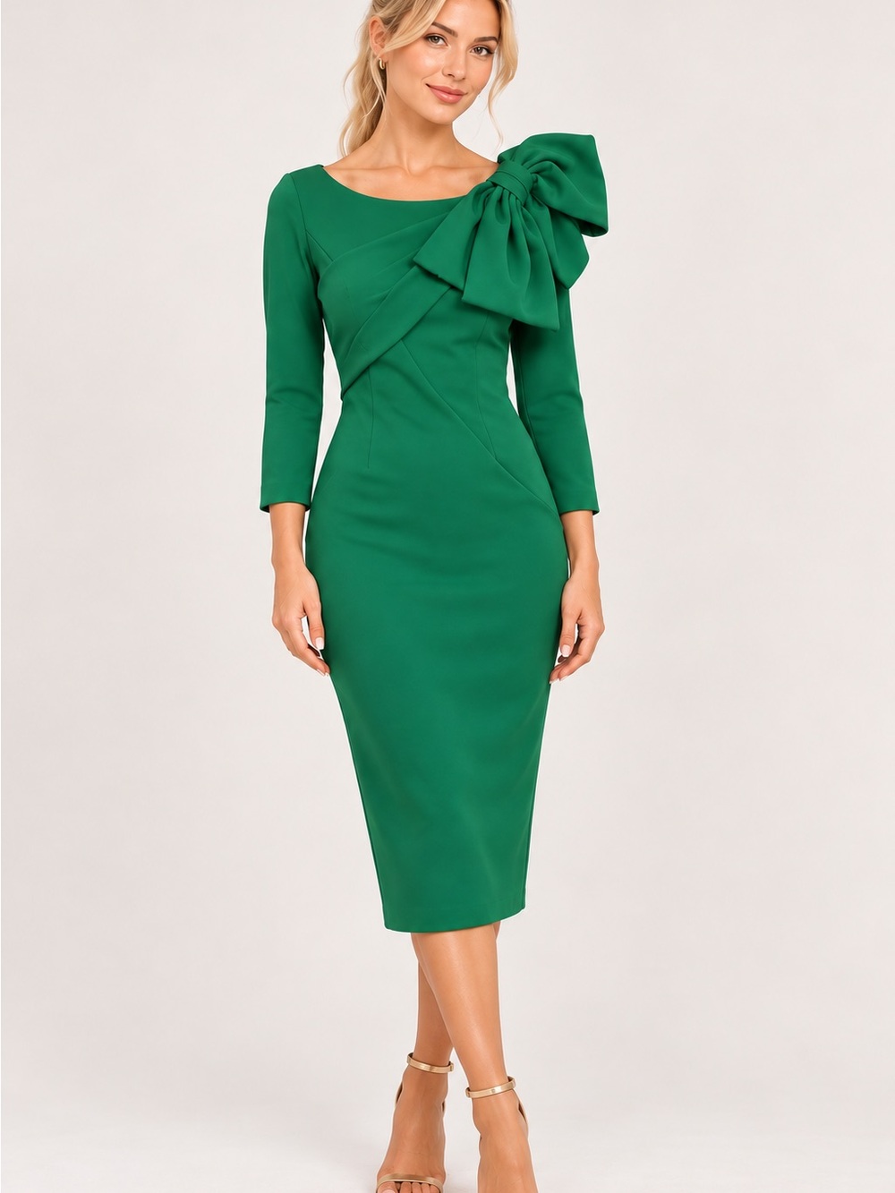 Badgley Mischka Size 6 Emerald Green Bow Midi Cocktail Sheath Dress Sample Sale
